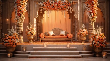 Indian wedding stage adorned with exquisite flower decorations