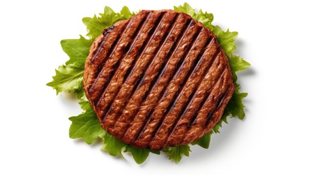 Top View Of A Plant Based Grilled Burger Patty With Grill Marks On White