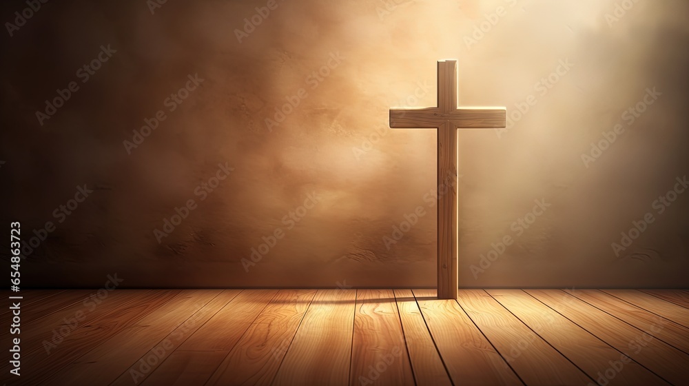 Poster softly lit background with a wooden christian cross space for text