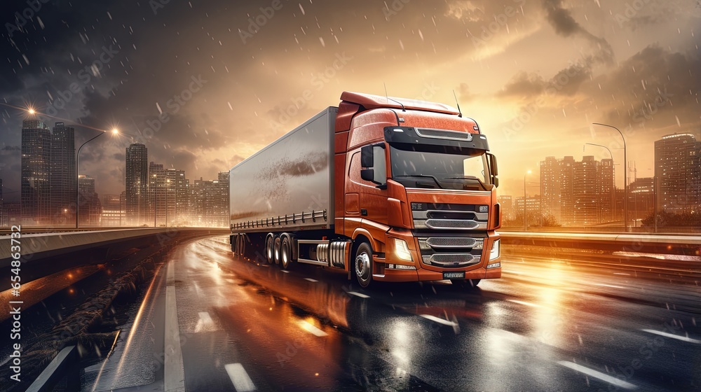 Poster transportation and delivery on a highway with abstract design background