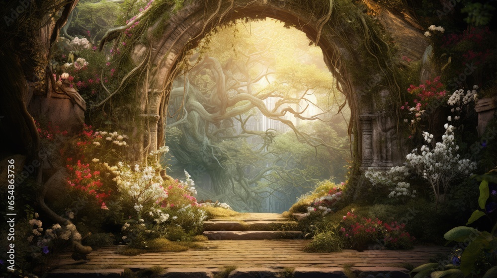 Poster 3d illustration of a vine covered archway in a magical forest with mist on a spring day