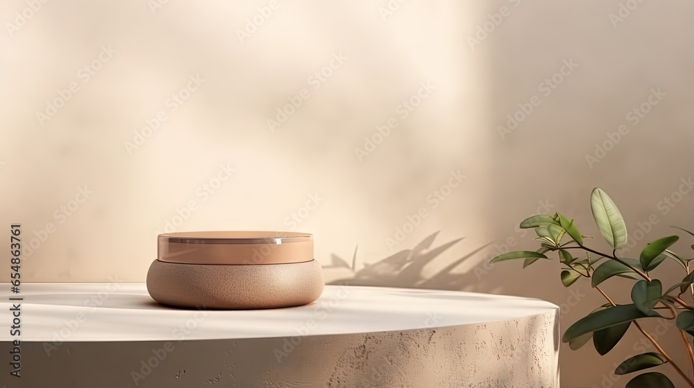 Poster neutral colored surface with curved counter textured podium soft sunlight and shadow rock for cosmet