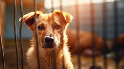 Homeless dog waiting for adoption in shelter cage behind fences - obrazy, fototapety, plakaty