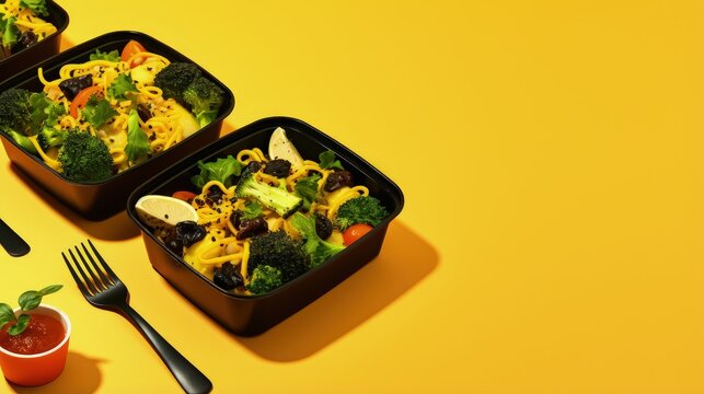 Workplace Lunch With Black Container Food And Yellow Background Cutlery Pickup