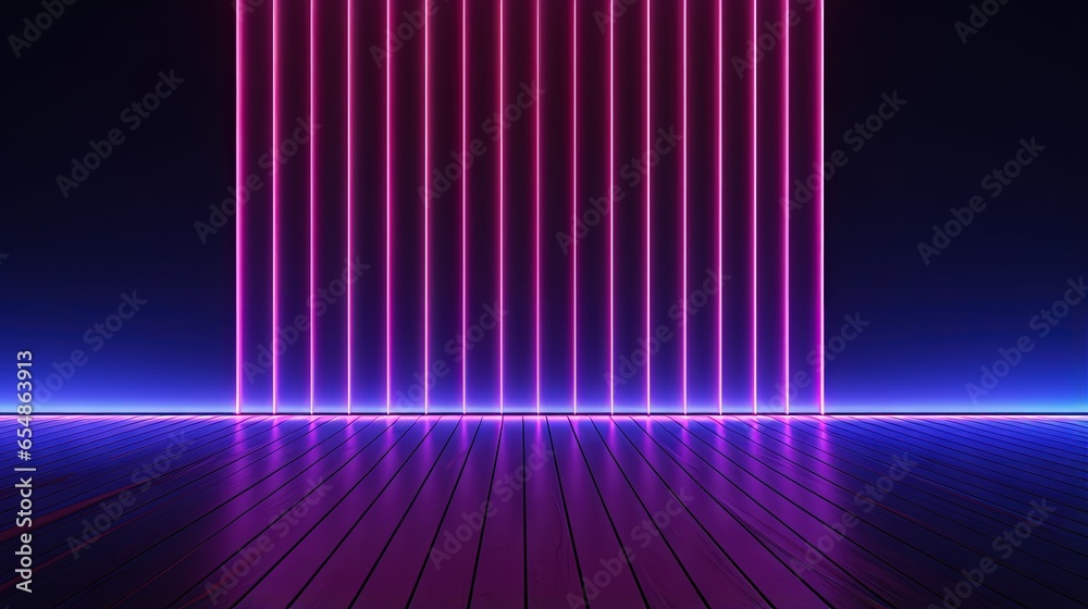Poster Neon lamps create a colorful backdrop with diagonal lines on an empty purple stage