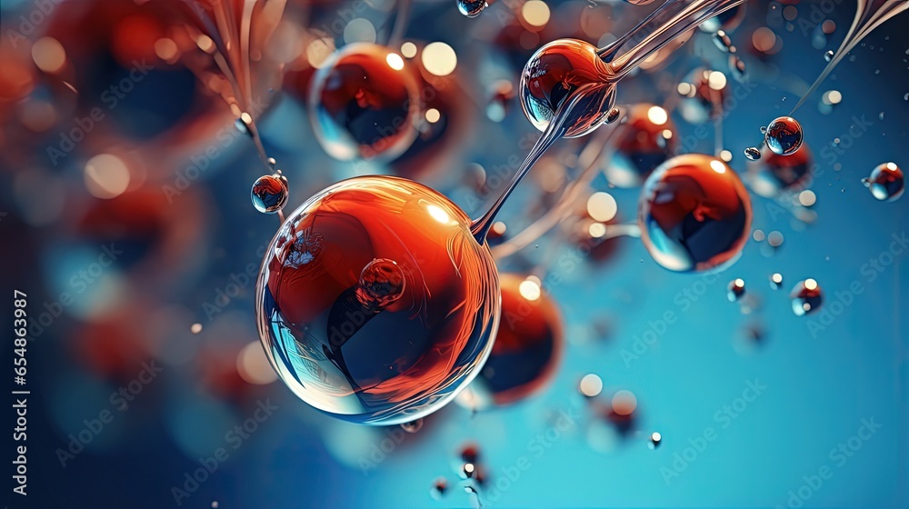 Poster Abstract background featuring biology physics and chemistry elements including cosmic patterns planet space and macro shots of molecular structures and water bubbles