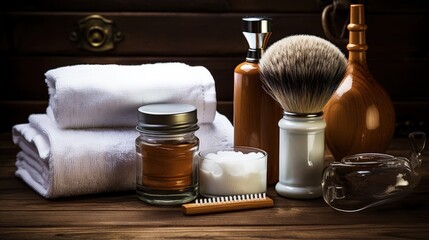 Men using male grooming products such as a straight razor towel shaving brush and foam on a wooden background