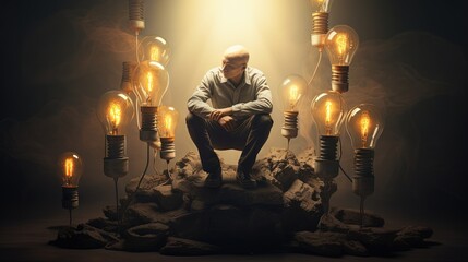 Transitioning from confusion to brilliance a conceptual image depicts problem solving through creative thinking with a man nearsighted by a light bulb and cluttered thoughts