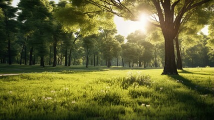 Fototapeta premium Sunlight illuminates the grass in the park in the morning