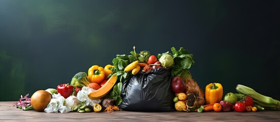 Compostable fruit and vegetable waste in bag on table with copyspace for text