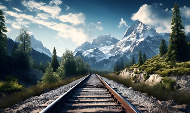 macro railroad track in forest mountains, ai generative