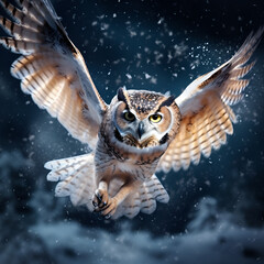 A picture of a large owl flying and hunting for fierce prey in the middle of the snow. Generative AI