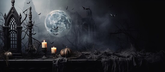 Creepy photo of occult items in ancient haunted castle on Halloween with copyspace for text - obrazy, fototapety, plakaty