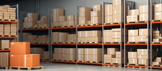 Rentable warehouse with box filled racks and no walls with copyspace for text