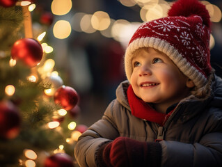 A smiling baby boy child at a Christmas market looking at christmas ornaments, christmas trees and lights, candles, white christmas snow happy holidays
