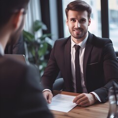 Employer or committee holding reading a resume with talking during about his profile of candidate, employer in suit is conducting a job interview, manager resource employment and recruitment concept. - obrazy, fototapety, plakaty