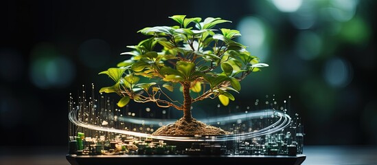 Digital plant pot with a tree Eco technology technology convergence green IT corporate social responsibility and ethical IT concepts with copyspace for text