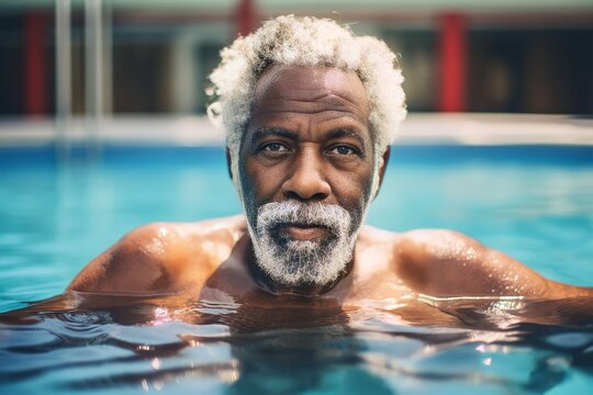 Portrait Of A Senior African American Man In Swimming Pool