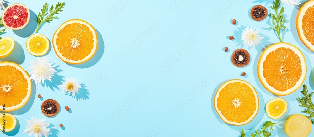 Wall mural Minimal summer food concept represented by trendy sunlight pattern on bright light blue background with copyspace for text