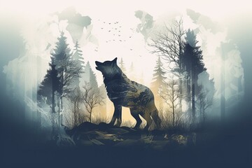 Illustration: werewolf with double exposure effect showing forest. Generative AI