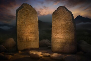 A sacred depiction with two stone tablets bearing commandments, adorned by glowing words against a majestic backdrop. Generative AI