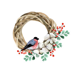 Watercolor wooden Christmas wreath with eucalyptus branches with red berries and cotton boxes, bullfinch bird, New Year's round frame on a white background ideal for cards, posters, stickers, covers