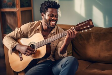 Obraz premium Young african american man playing guitar at home home