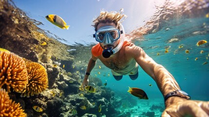 Male Is Snorkeling in the Beautiful Sea in Clear Water - obrazy, fototapety, plakaty