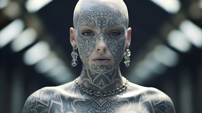 Portrait of a bald woman with tattooed 
