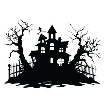 Halloween Haunted House Vector Silhouette, Scary House Clipart Silhouette Halloween House Black Silhouette