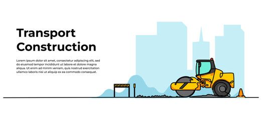 Highway compaction vehicle vector illustration. Modern banner in continuous line style design.