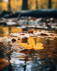 Fallen autumn leaf in the water, close-up, shallow depth of field