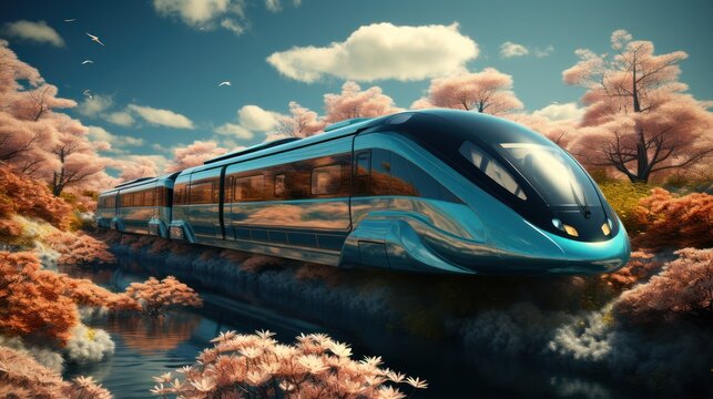 Futuristic high speed express passenger train. Logistics and technologies of the future.eco-friendly solar-powered technologies