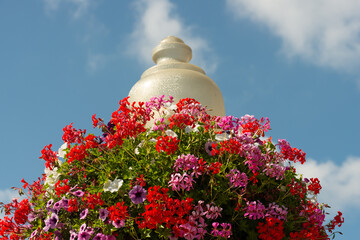 geranium hanging basket and street glass diffuser dome on a cloudy blue sky