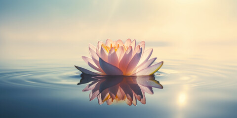 Lotus flower with reflection on water surface. Water lily.