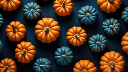 Pumpkins on a dark blue grunge style background, top view