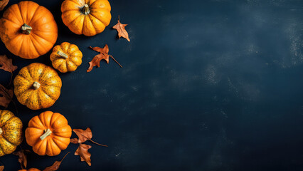 Pumpkins on a dark blue grunge style background, top view