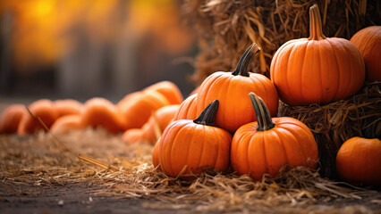 Pumpkin patch on a sunny day, autumn season, preparation for Halloween