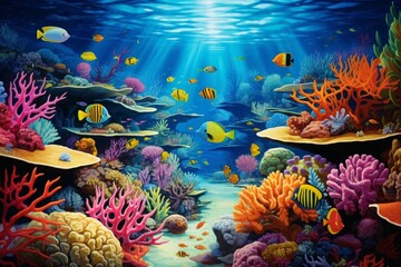 Underwater scene with coral reef and tropical fish. Generative AI.