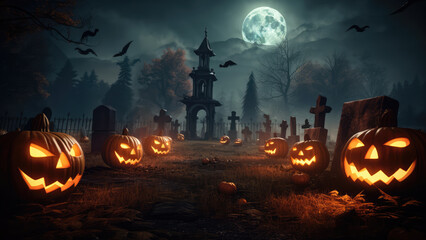 Scary Halloween scene, smiling pumpkins in the cemetery, late night, big moon