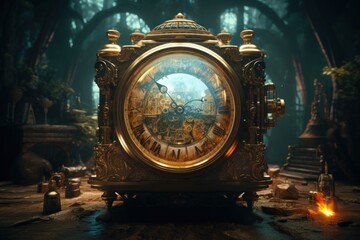 Vintage antique clock in the forest. Generative AI.