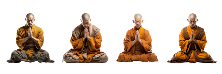 Set of Shaolin monks praying isolated on a transparent or white background in the top view