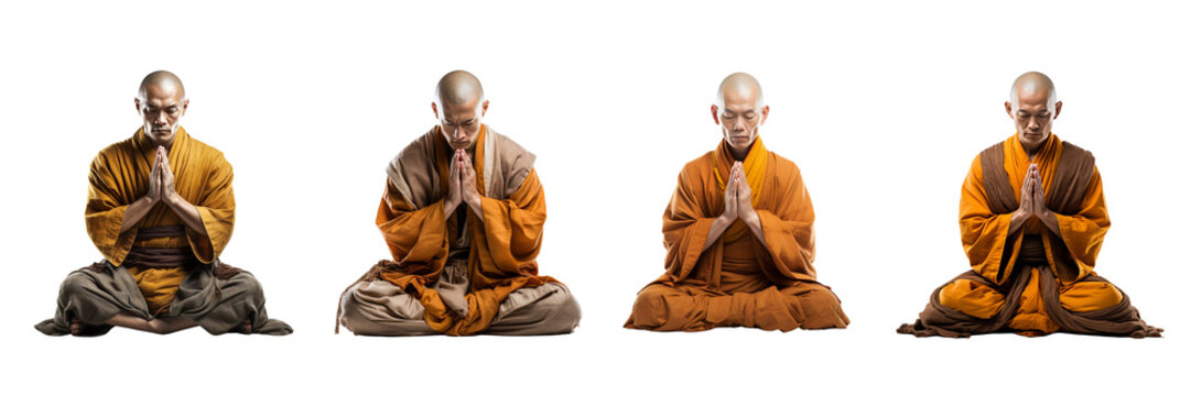 Set of Shaolin monks praying isolated on a transparent or white background in the top view