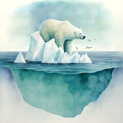 watercolour painting of endangered polar bear on iceberg in ocean 