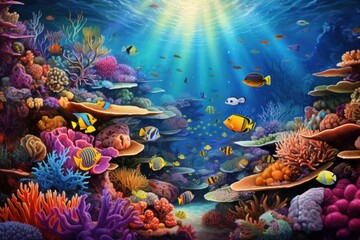 Fototapeta na wymiar Underwater world with corals and tropical fish. Generative AI.