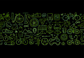 Bicycle time. Types of bicycles, tools and spare parts. Seamless pattern background for your design. Green and black colors