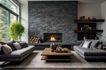 modern living room fireplace grey stone wall. Generative AI