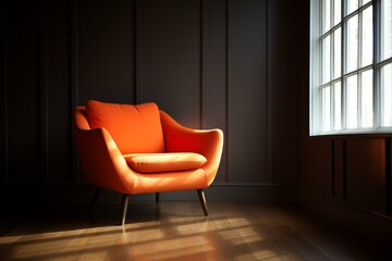 Contemporary orange chair in dimly lit room with natural light from the window. Generative AI