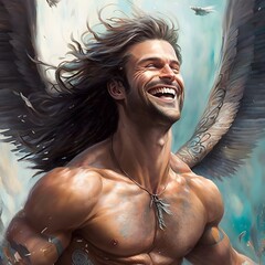 realistic illustrative detailed hd merman with wings male mermaid wings underwater undersea coral fish laughing swimming long hair fish tail lionfish spines handsome muscular swim smile happy  - obrazy, fototapety, plakaty
