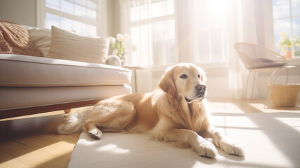 Obraz na płótnie Canvas Golden Retriever dog cute sitting at home under natural light